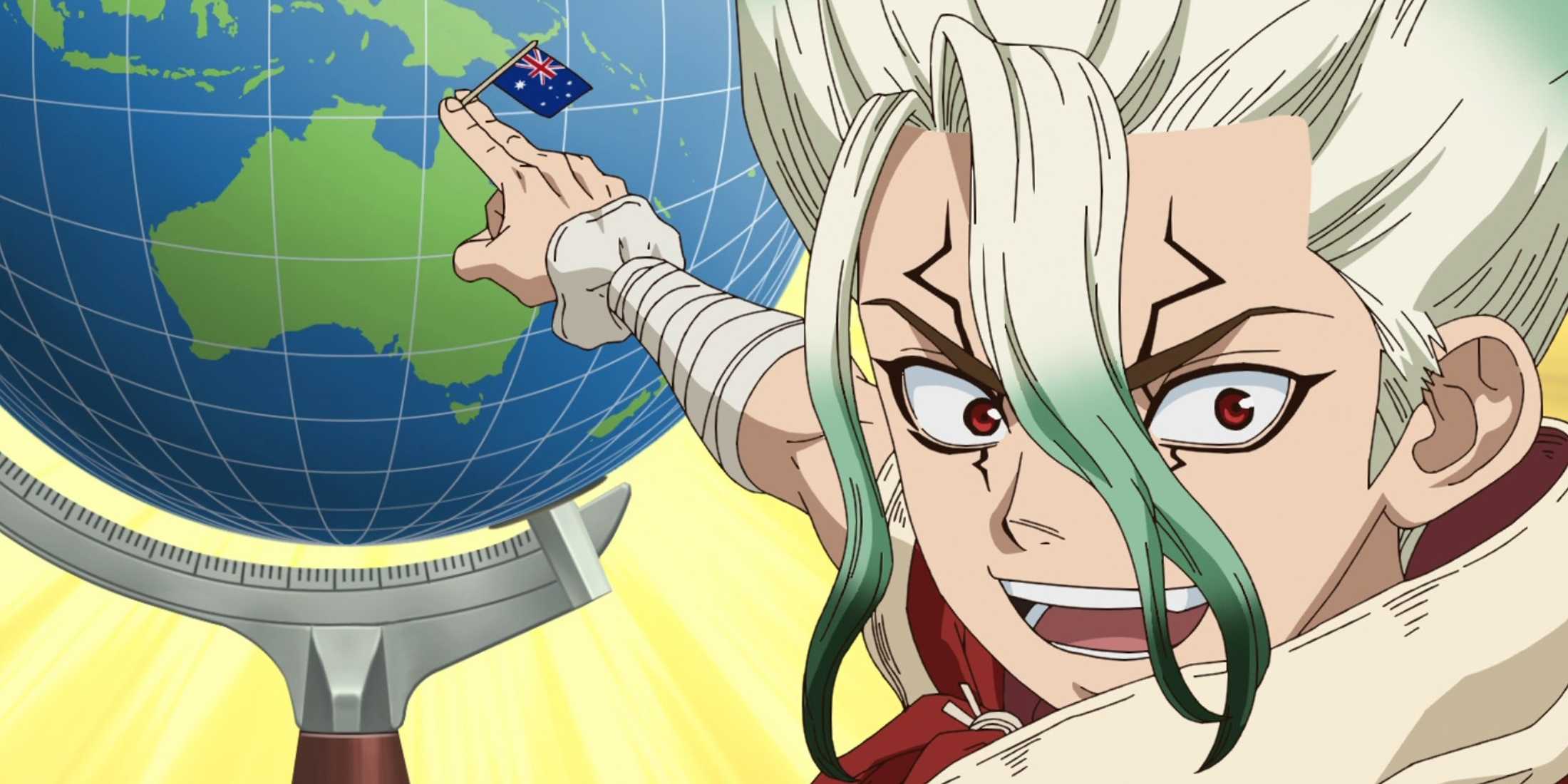 Senku with an Australian flag and globe.