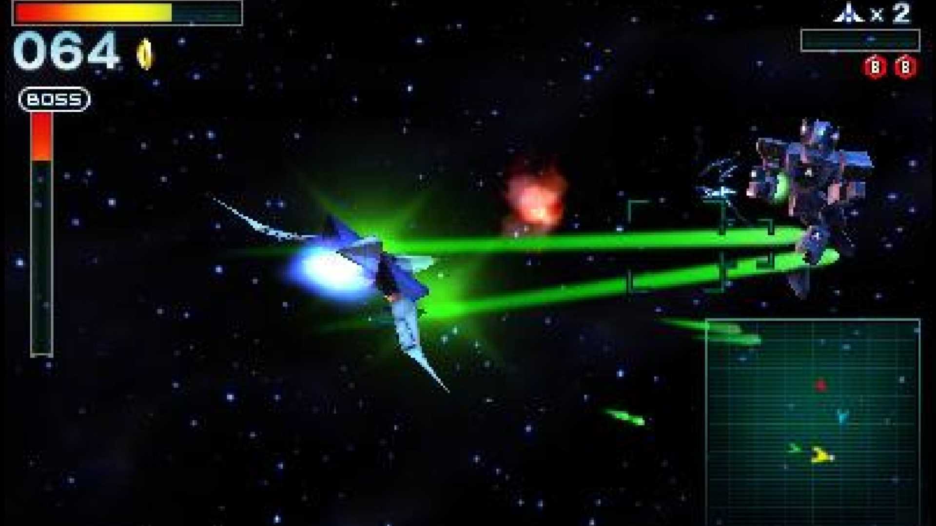 Menembak musuh di luar angkasa di Star Fox 64 (3DS)