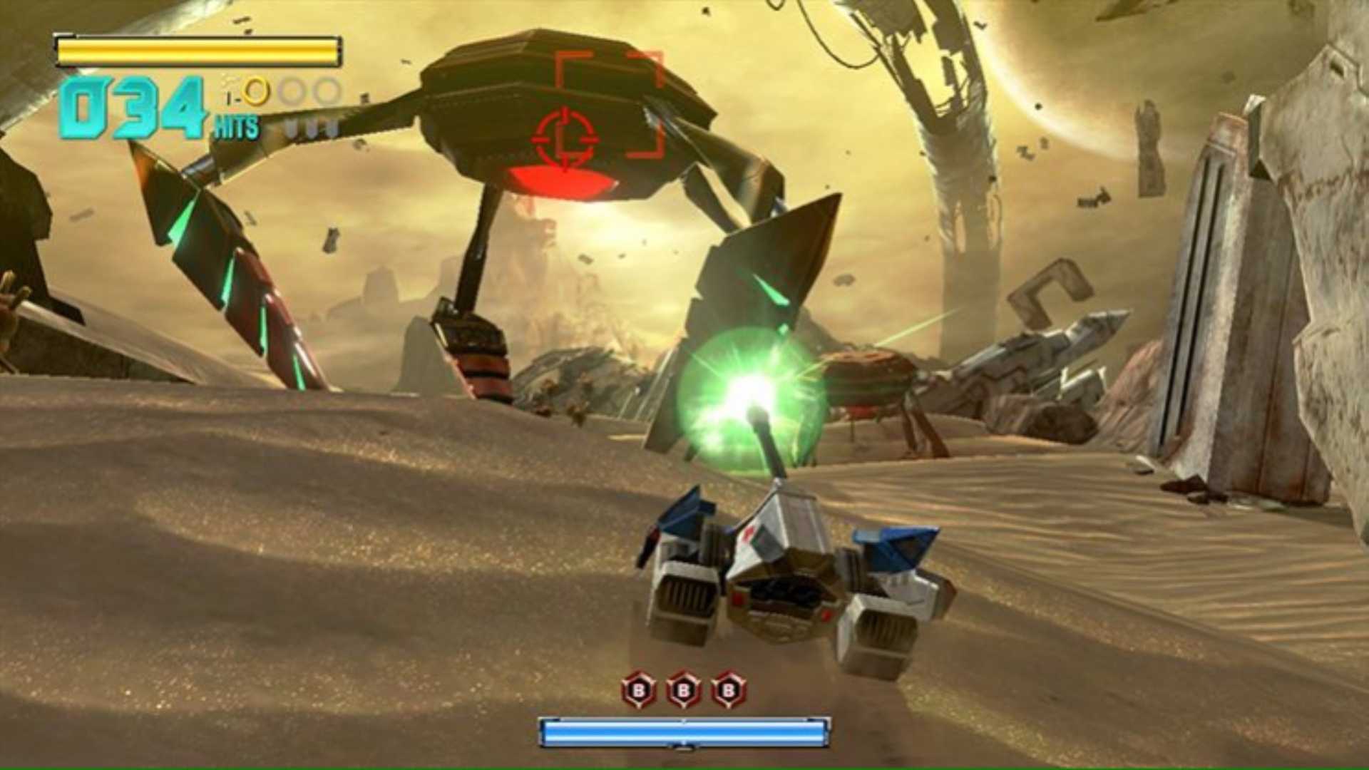 Menembak musuh di Landmaster dalam Star Fox Zero (2016)