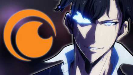 Obrázek Sung Jinwoo s úsměvem v očekávání Solo Leveling Season 3 vedle loga Crunchyroll