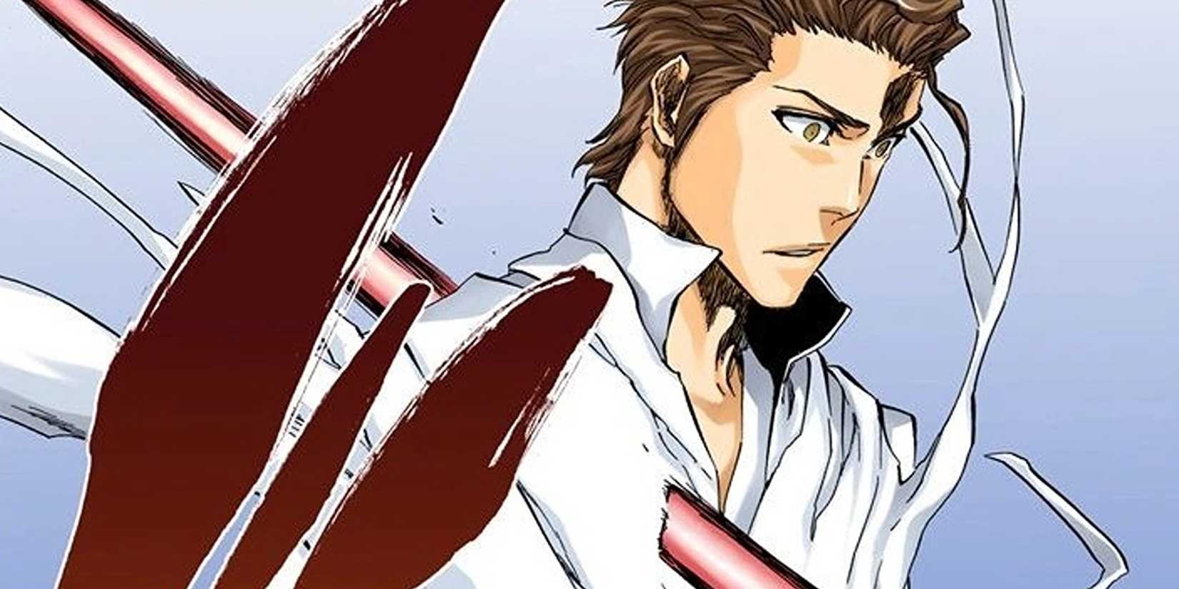 Sosuke Aizen is pierced with a red kido spell.