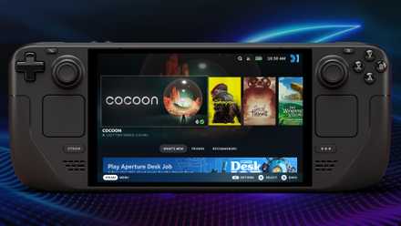 Steam Deck handheld in front of competing gaming PCs representing handheld console competition