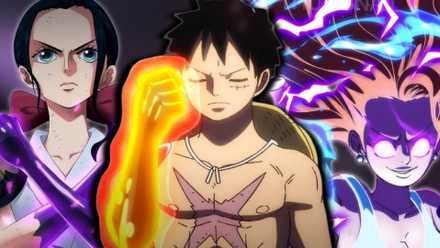 A customized image of Luffy, Nico Robin, and Nami using their respective Haki upgrades in the Elbaph arc