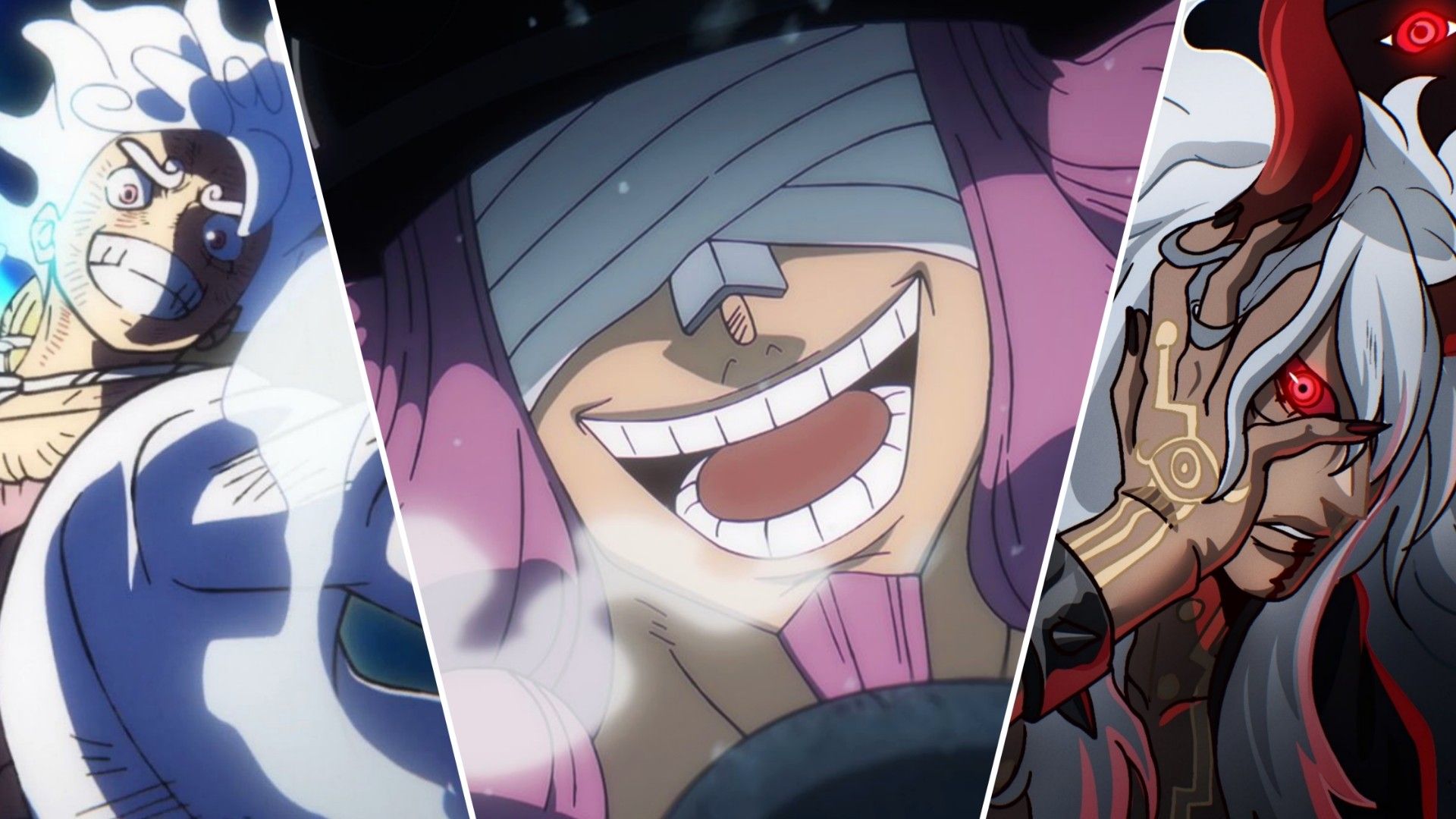 Picture of Monkey D. Luffy on the left, Loki in the middle and Imu on the right as mythical zoan users from One Piece.