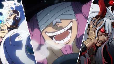 Picture of Monkey D. Luffy on the left, Loki in the middle and Imu on the right as mythical zoan users from One Piece.