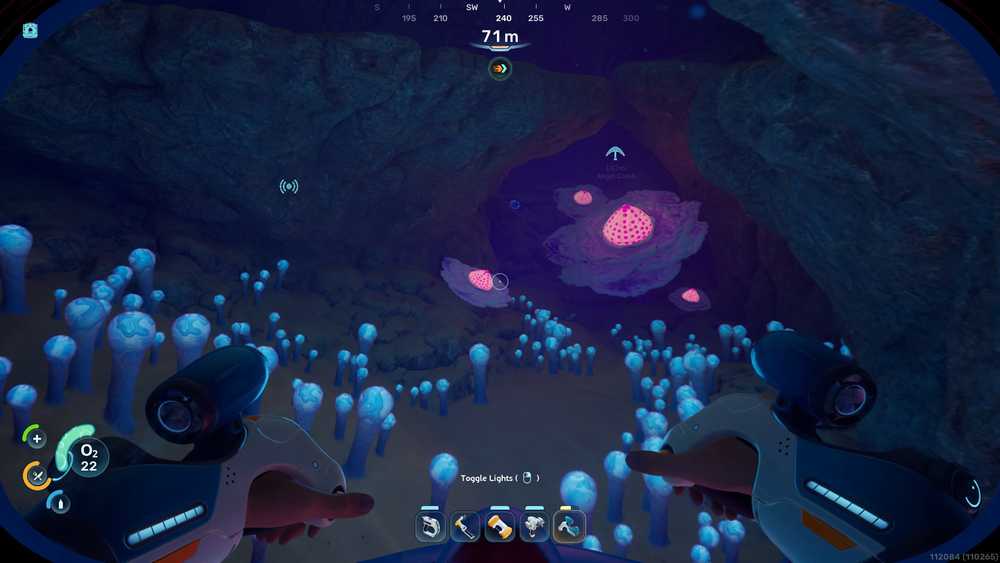 Plantas bioluminescentes em uma caverna subaqu&aacute;tica em Subnautica 2