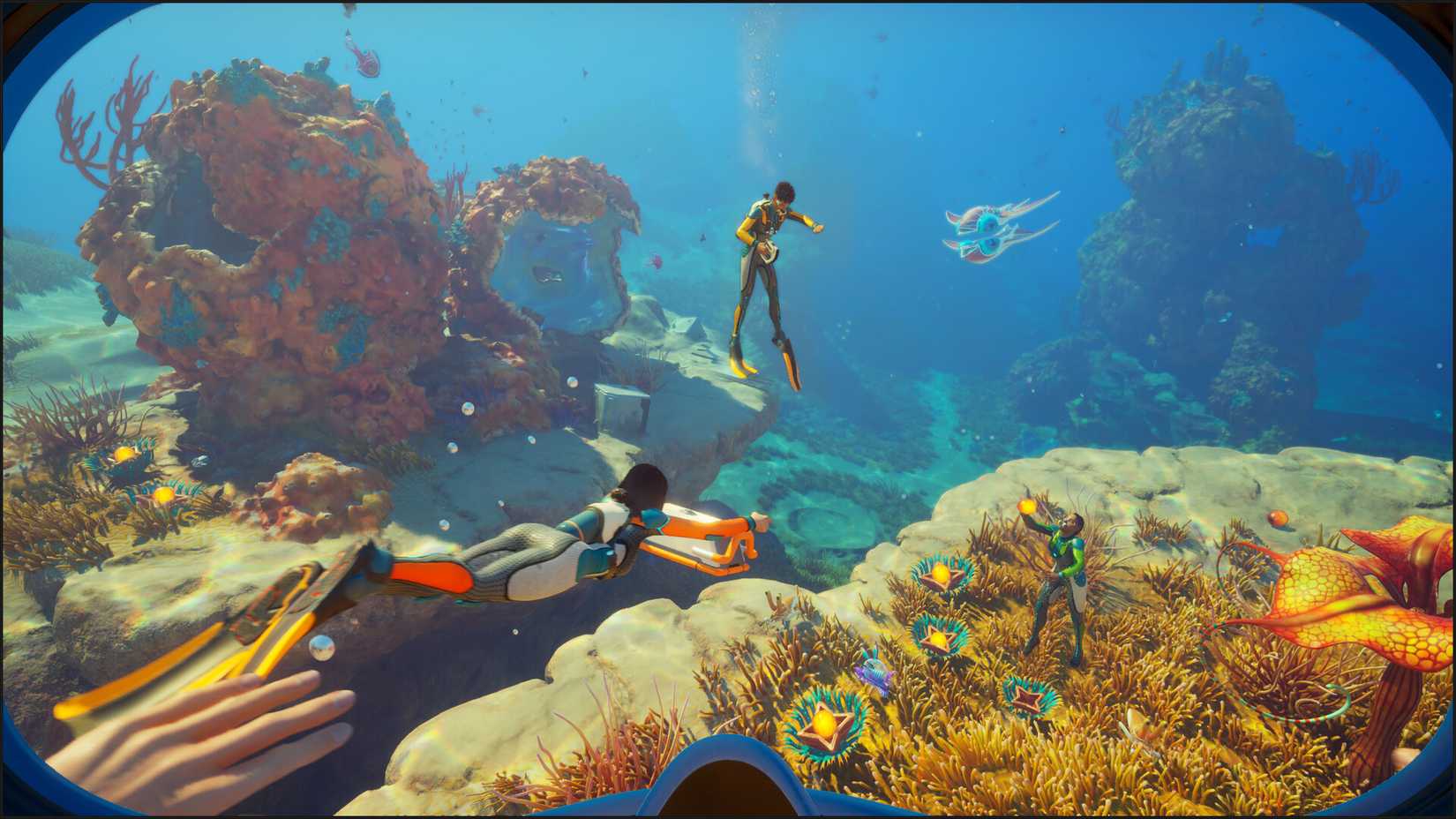Multiple players exploring an underwater base area in Subnautica 2 multiplayer