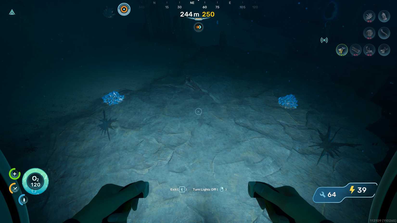 Several Celestine deposits clustered together in the alien biome in Subnautica 2