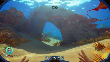 Underwater rock arch in the starting biome of Subnautica 2 Early Access.