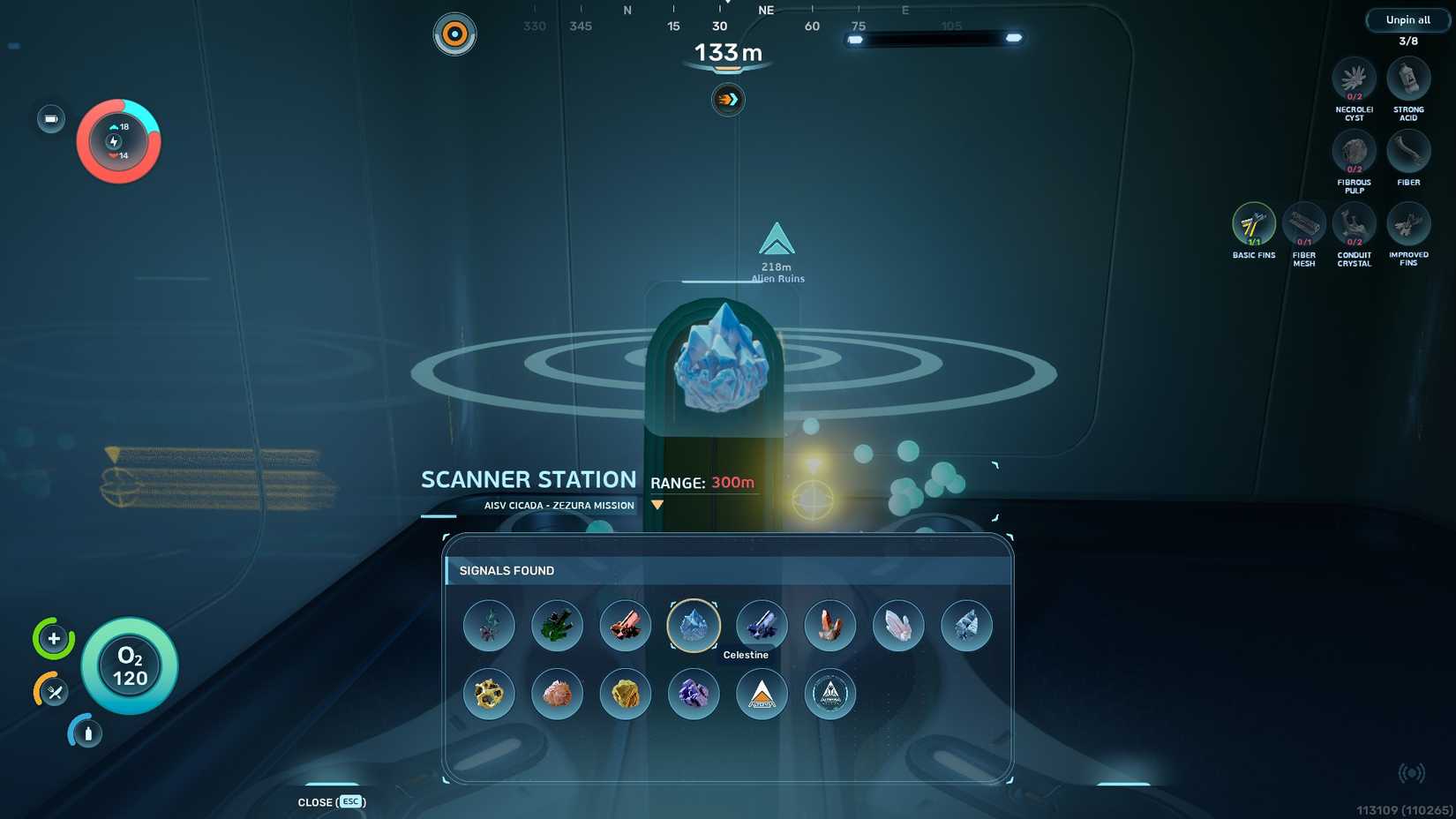 A scanner station tracking Celestine resource nodes within a Subnautica 2 base