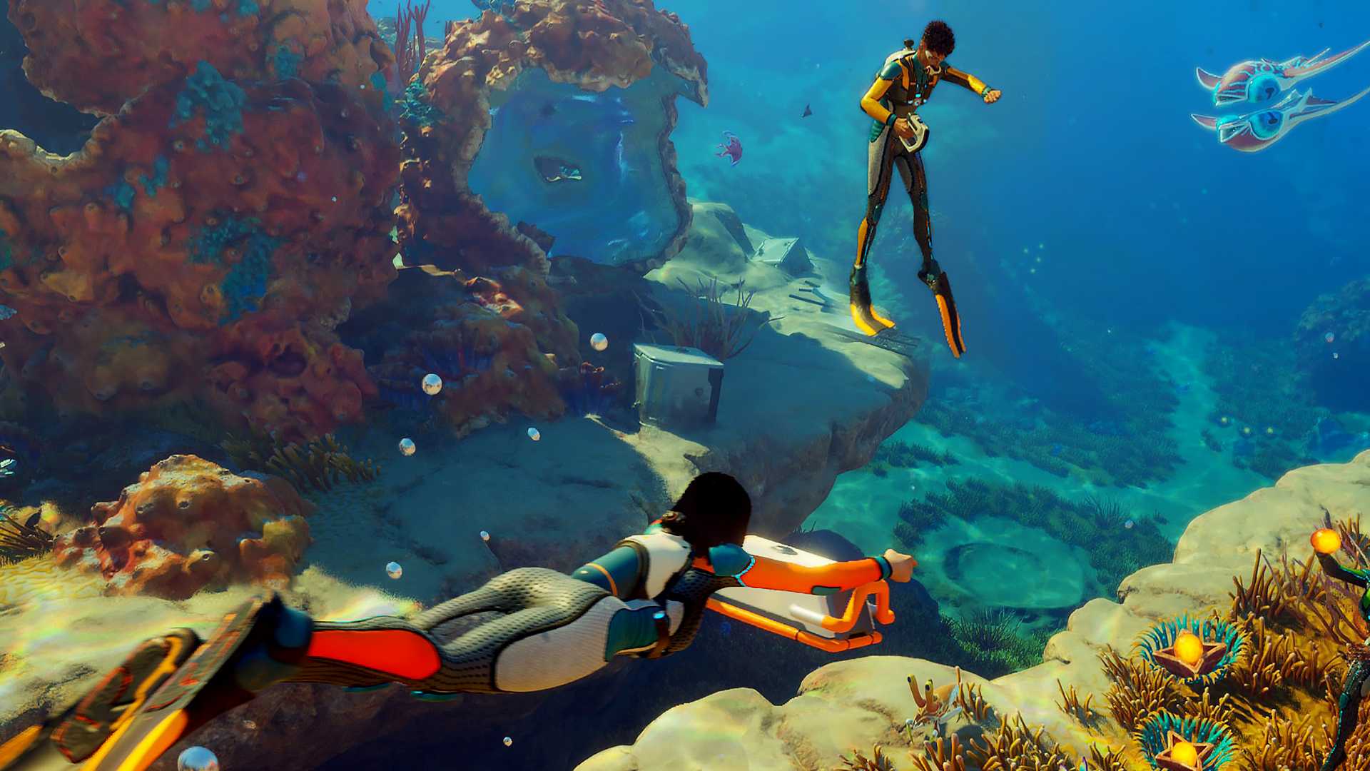 Two characters diving underwater in a Subnautica 2 promo screenshot.