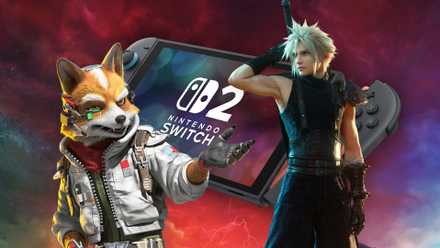 Switch 2 consoles with Fox McCloud and Cloud Strife