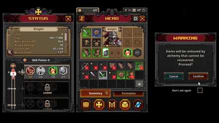 TBH: Task Bar Hero showing a level 4 hero, the cube menu, and an alchemy warning popup before selling items.