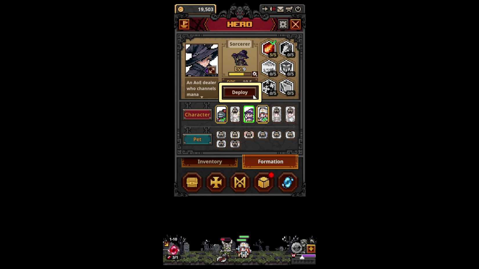 The Formation menu in TBH: Task Bar Hero with Sorcerer ready to deploy into an open Hero Slot.