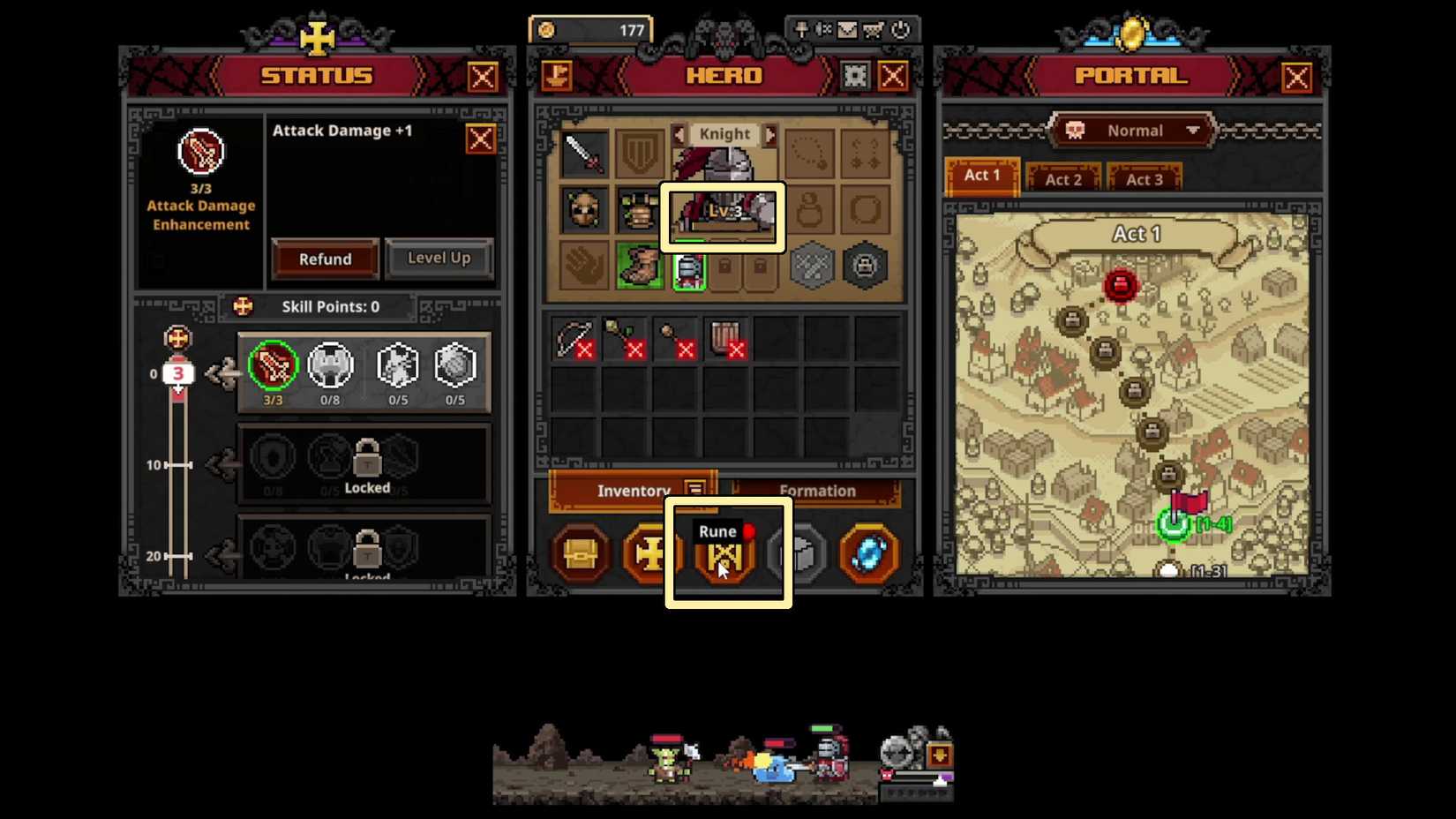 A TBH: Task Bar Hero character reaching Level 3 and unlocking the Runes menu.