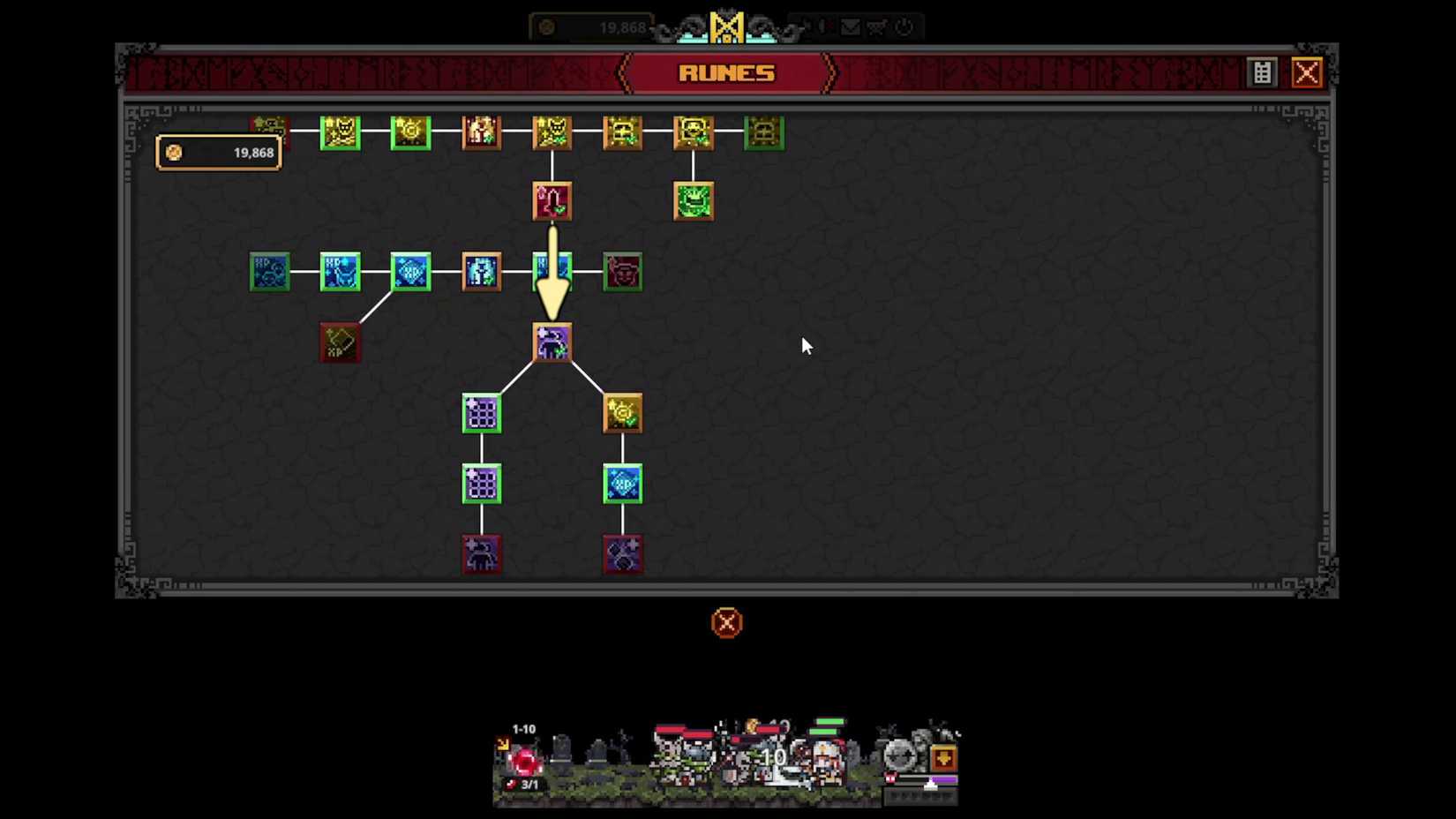 The Runes tree path leading from Rune of War to the first Rune of Command in TBH: Task Bar Hero.