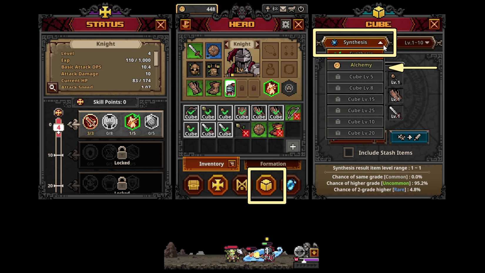 The Cube dropdown menu in TBH: Task Bar Hero with Alchemy selected instead of Synthesis.