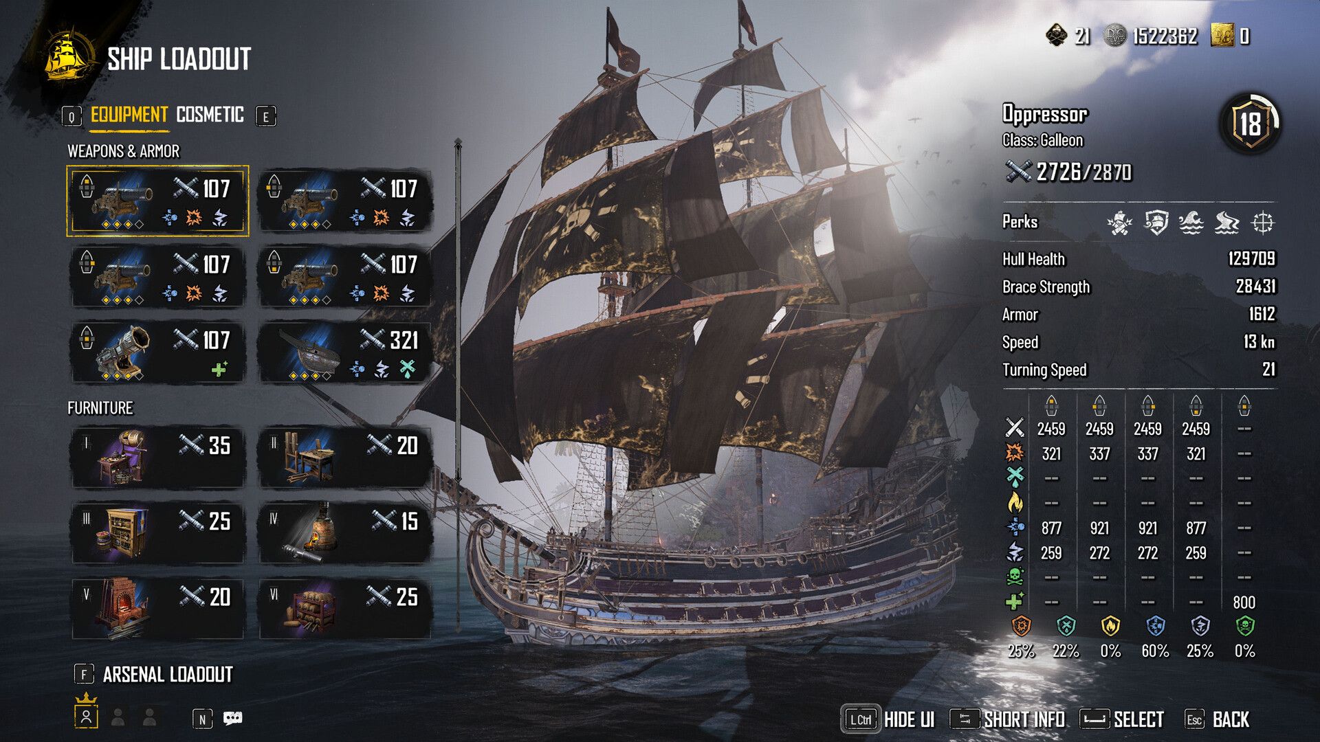 The ship loadout screen in Skull And Bones (2024)