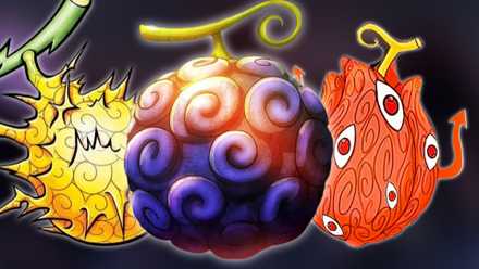 An image representing the three God Devil Fruits in One Piece, Hito Hito no Mi, Ryu Ryu no Mi, Model: Nidhoggr and Akuma no Mi from the Elbaph arc