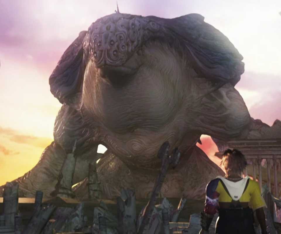 Tidus facing Sin in Final Fantasy 10 (2001)