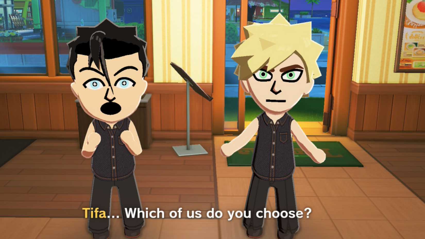 A Zack Fair Mii tells a Tifa Lockheart Mii to choose between him and a Cloud Strife Mii in Tomodachi Life: Living the Dream