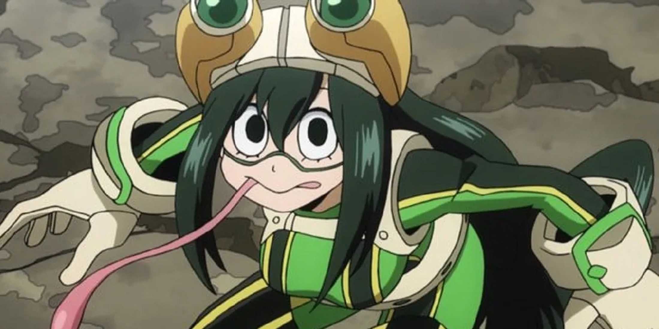Tsuyu prepares to didge an attack in the middle of battle in My Hero Academia.