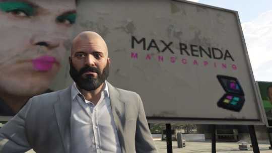 Michael in front of the Max Renda Billboard in Grand Theft Auto 5