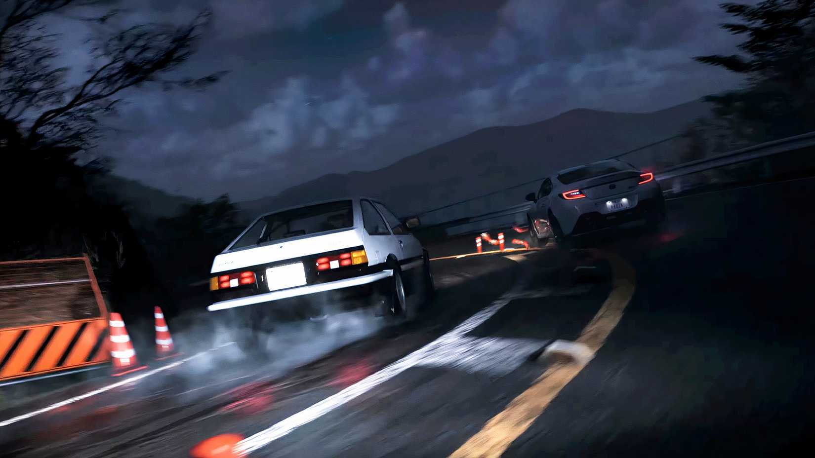 A Toyota AE86 and a Subaru BRZ competing in a Forza Horizon 6 Touge race at night