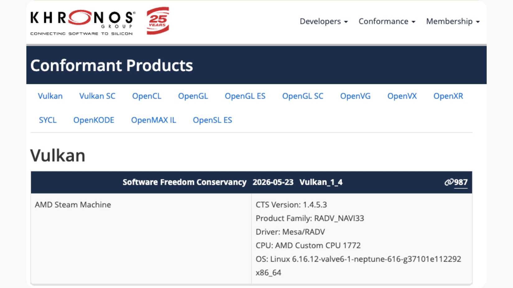 software freedom conservancy vulkan 1.4 test for the amd steam machine.