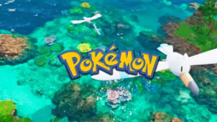 Pokemon logo on a Pokemon Winds and Waves screenshot showing Wingull and some islands