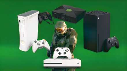 xbox releases consoles across all generations - original, xbox 360, xbox one s, xbox series x with master chief from halo