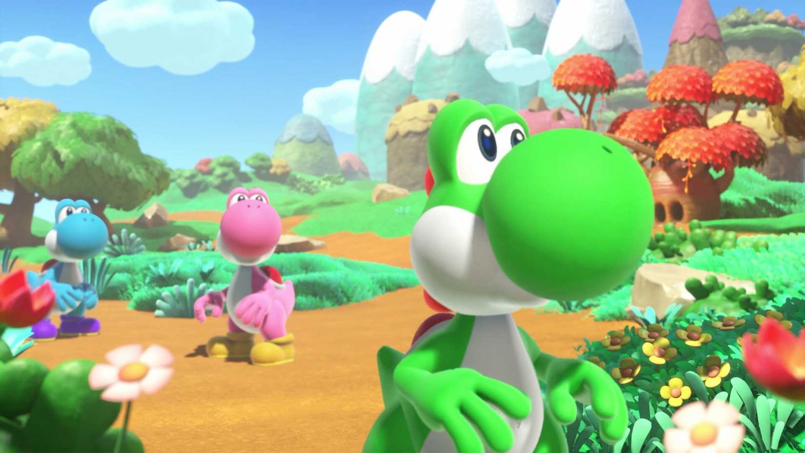 Yoshi and the mysterious book three characters, green, yellow and pink Yoshis