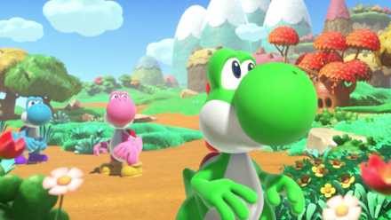 Yoshi and the mysterious book three characters, green, yellow and pink Yoshis
