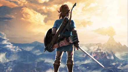 Zelda Breath of the Wild Link stares at Hyrule Castle while holding the Master Sword