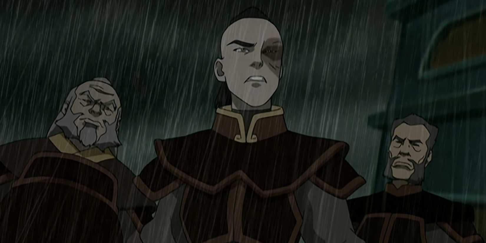 Zuko looks up in the rain with his crew.