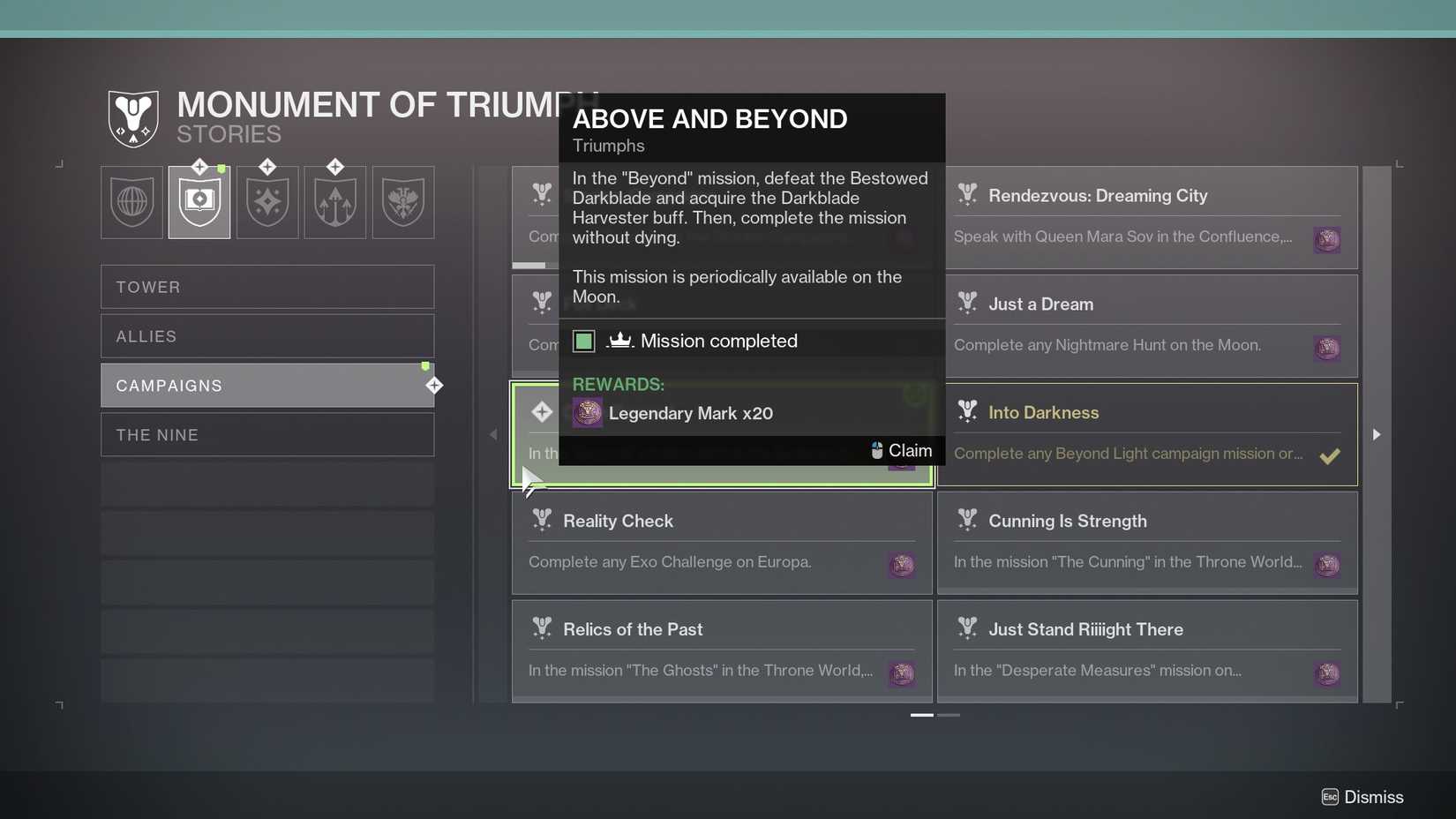Destiny 2 Above and Beyond Triumph complete