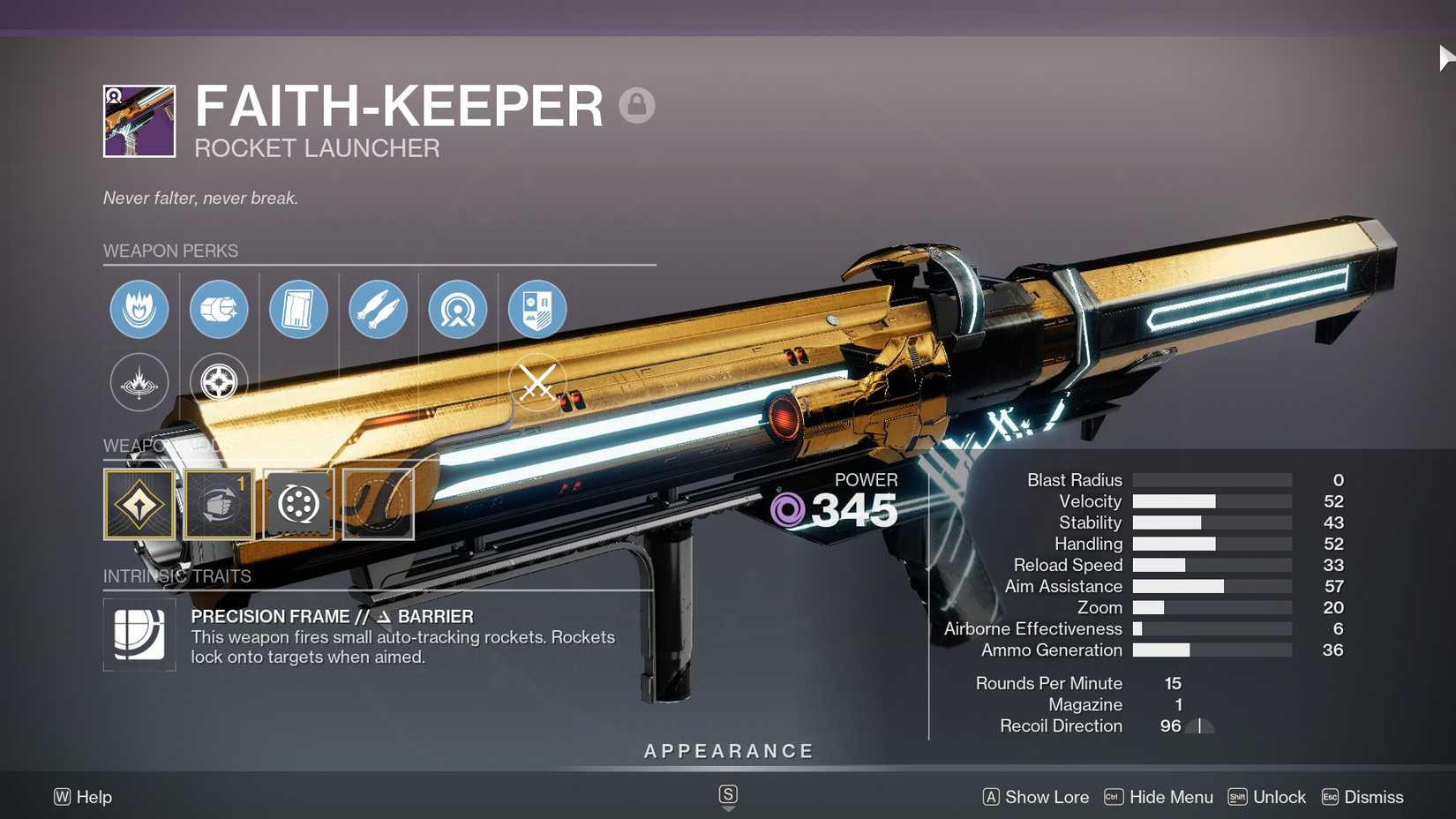 Destiny 2 Faith-Keeper Rocket Launcher Statistics