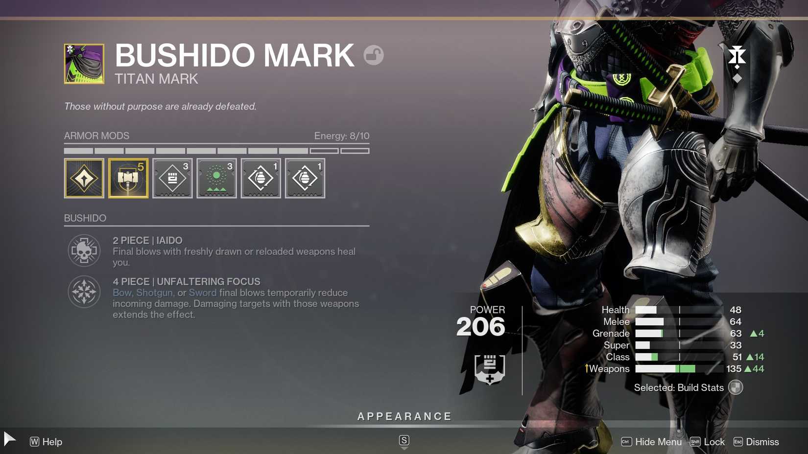 Destiny 2 Bushido armor set effect
