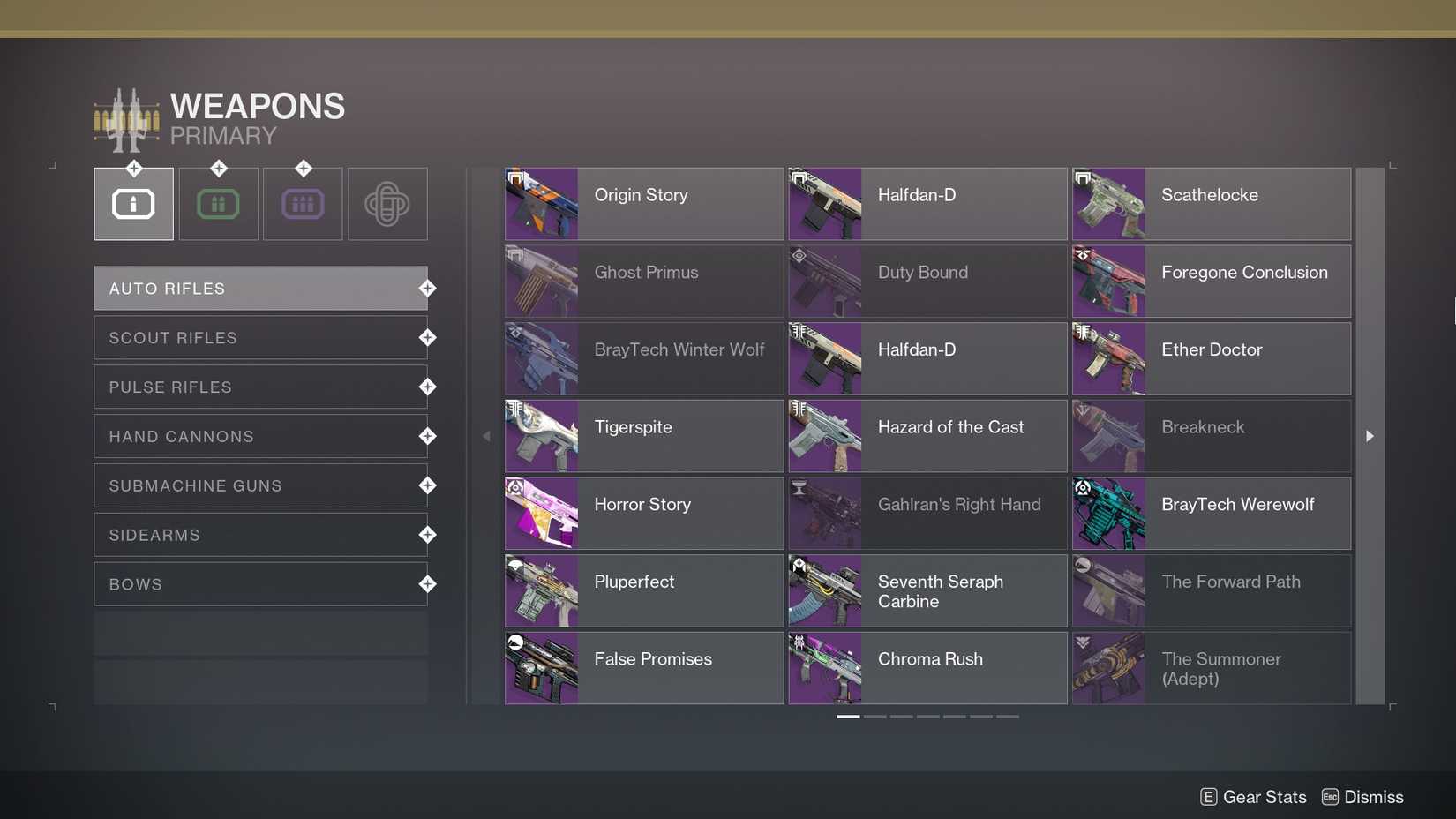 Destiny 2 Auto Rifles collection screen