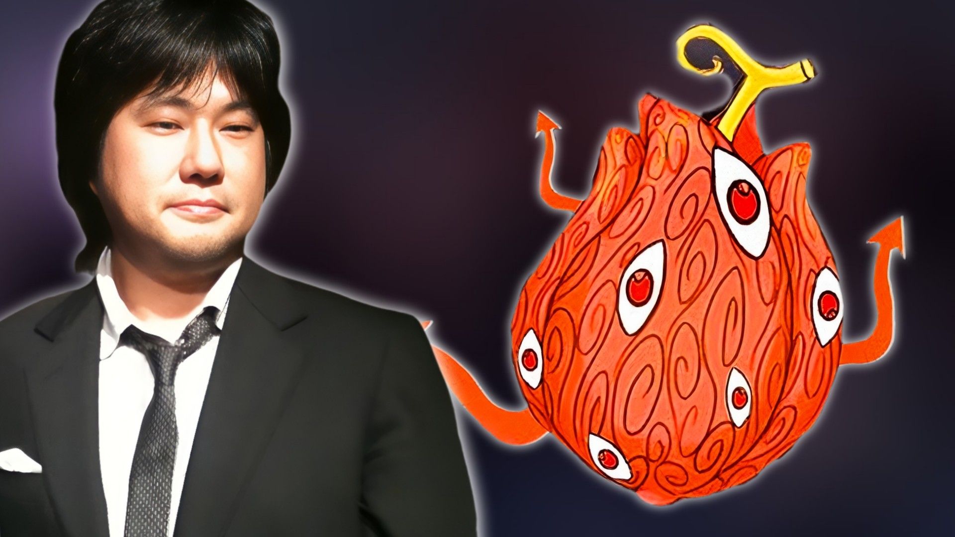 Image of One Piece creator Eiichiro Oda next to a 3000 year old Devil Fruit from the First World
