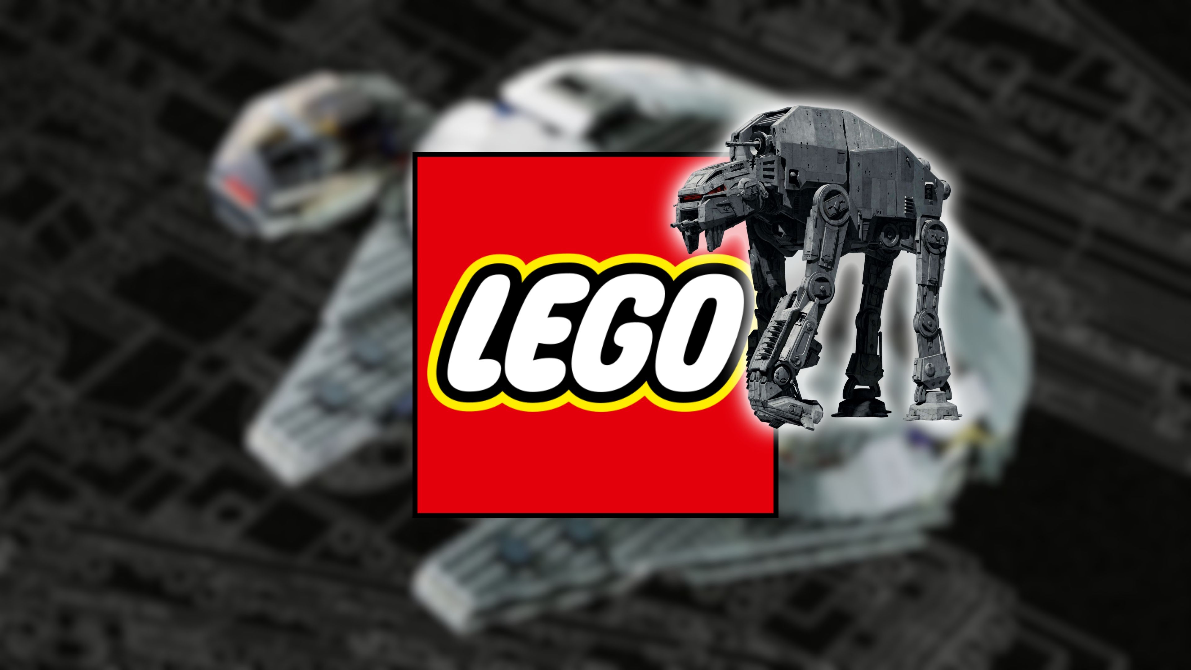 A LEGO Millennium Falcon with a LEGO logo overlay and an AT-M6