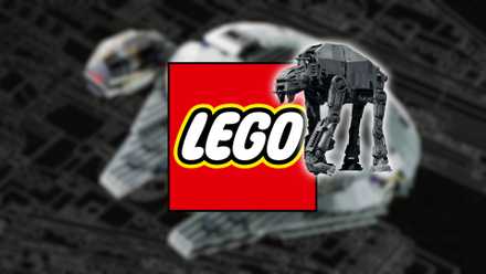 A LEGO Millennium Falcon with a LEGO logo overlay and an AT-M6