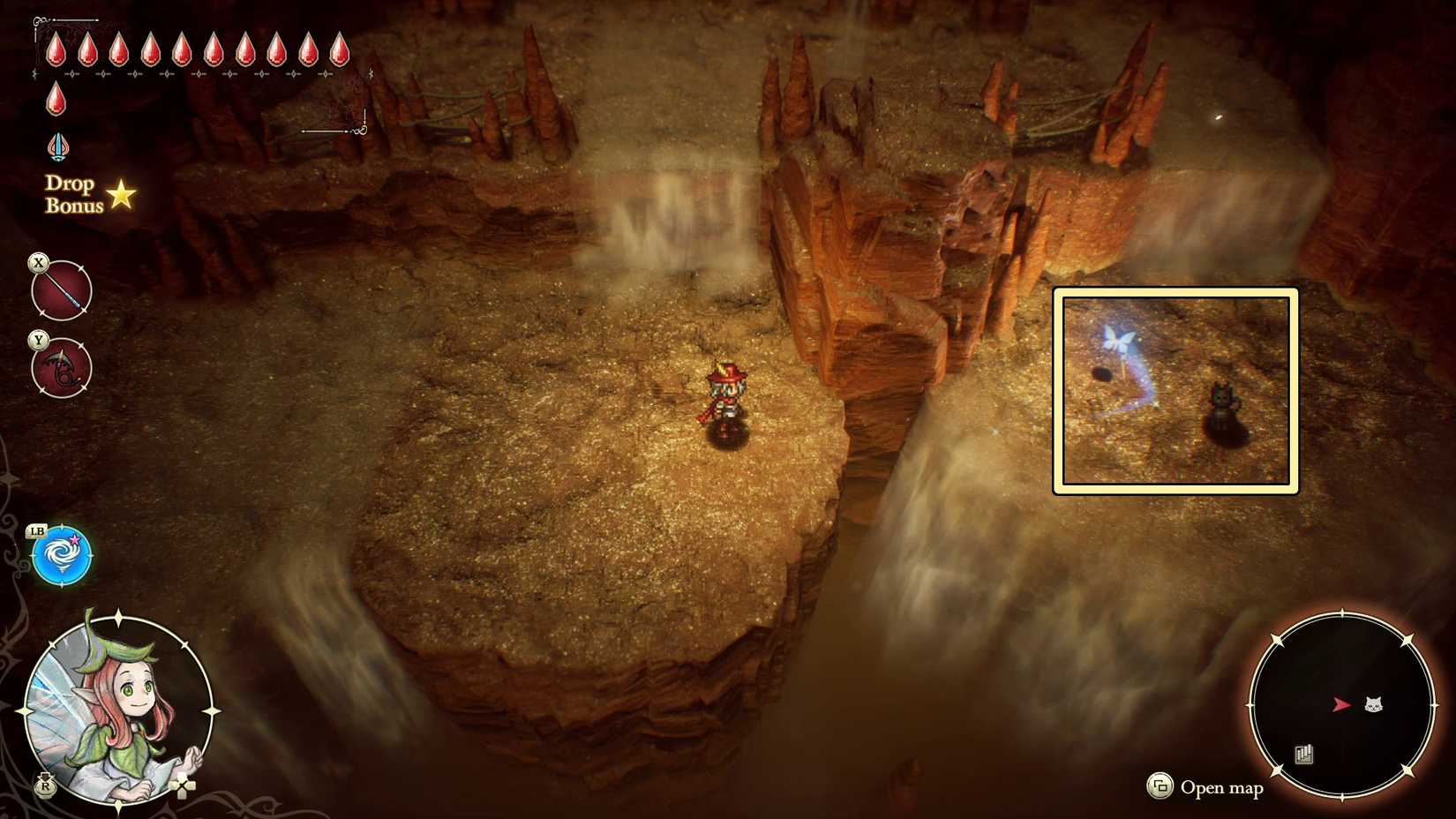 The cat on a platform in the Age of Magic Desert Caves.