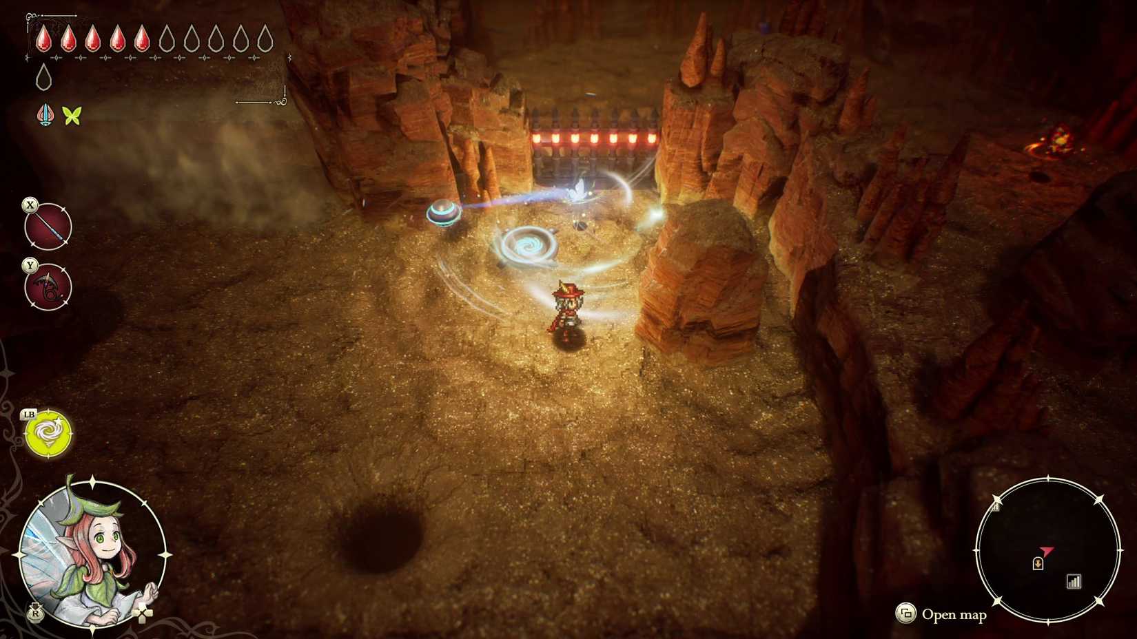 Elliot places the orb on the blue circle near the gate in the Desert Caves.