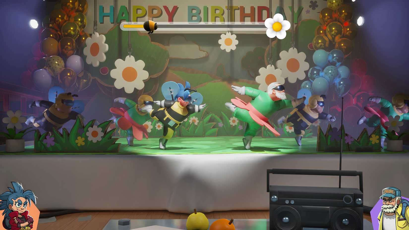 Age Twister's grandfather character dancing with a group of npcs.