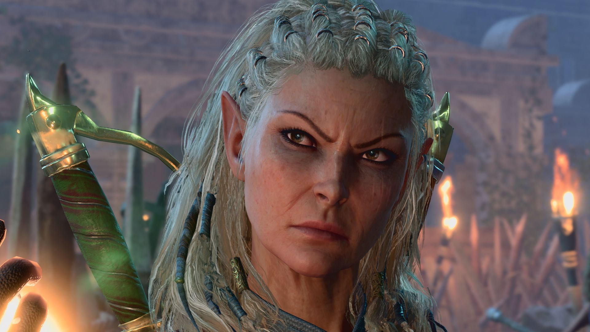 A close-up shot of Jaheira's face in Baldur's Gate 3