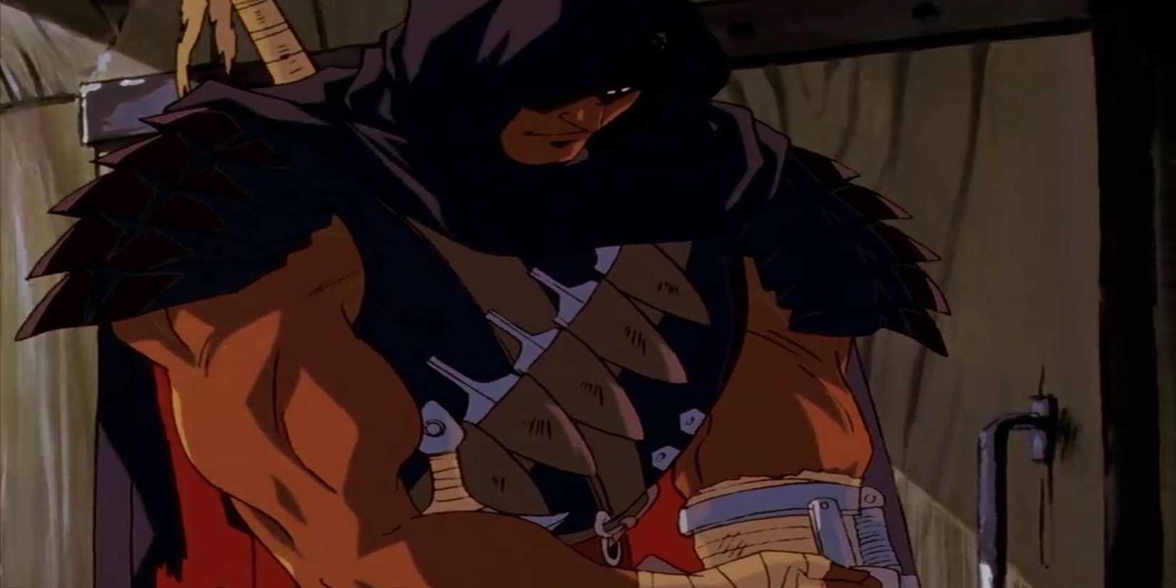 Berserk Episode 1 Guts adjusting his armor in the pub