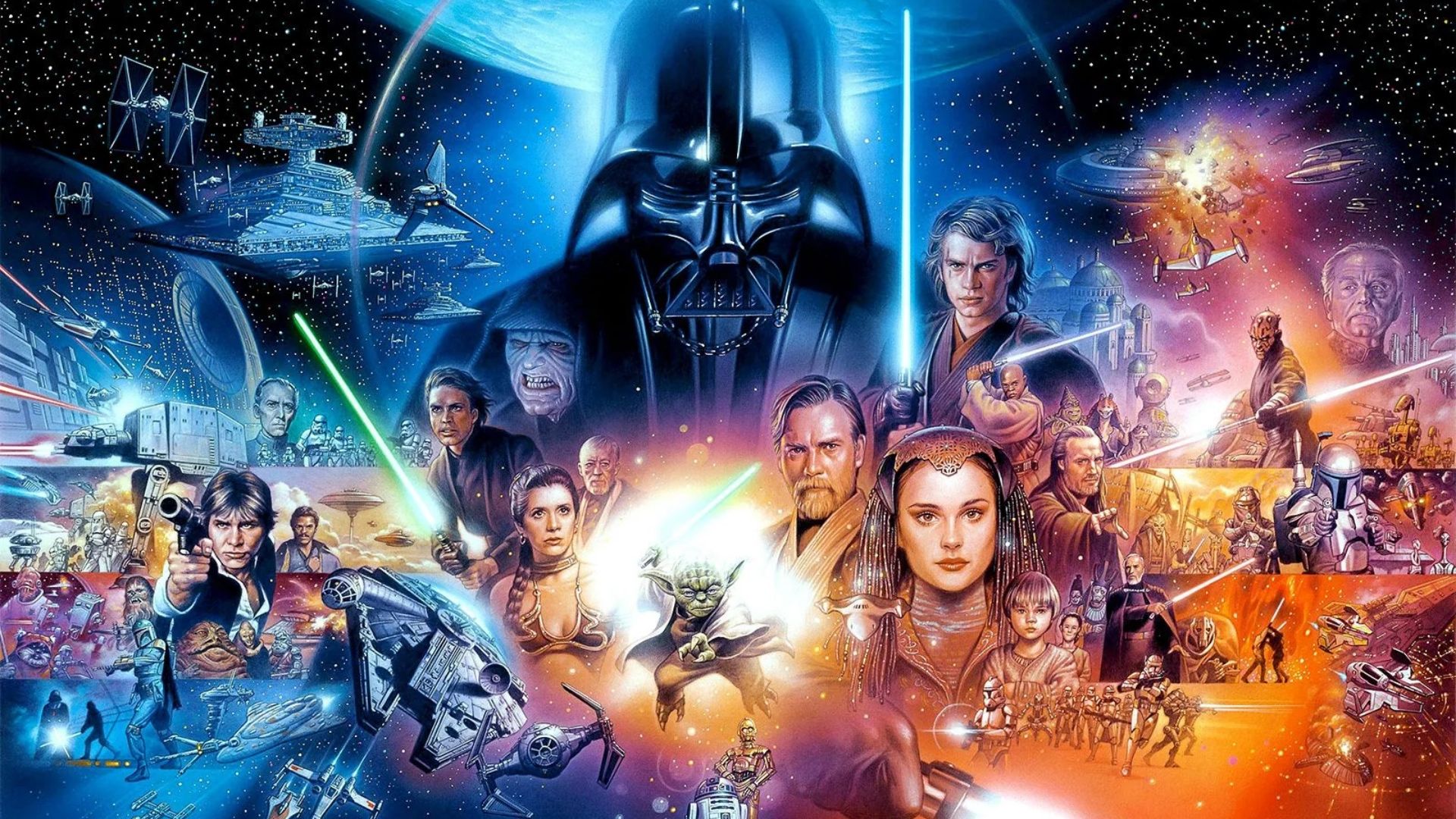 Star Wars group image of many characters from original trilogy and prequels