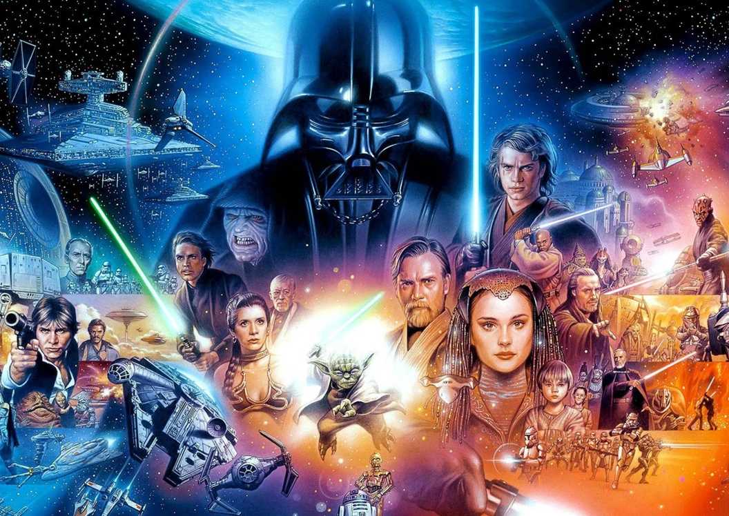 Star Wars group image of many characters from original trilogy and prequels