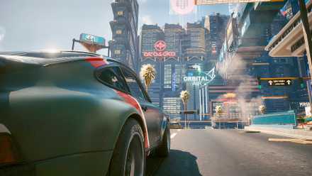 cyberpunk 2077 driving through the night city with squad signs in front
